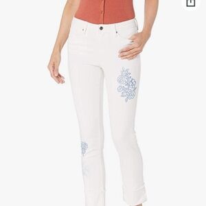 Black Daisy Kate Straight Leg White Jeans with Blue Floral Pattern